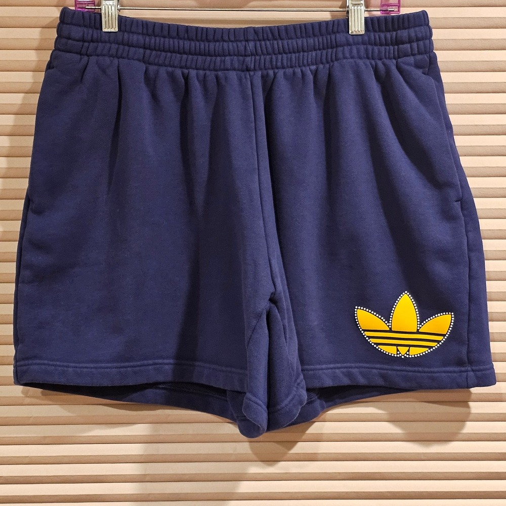 Adidas Originals Womens Navy Blue Yellow Trefoil Logo Sweat Shorts XL IM1928